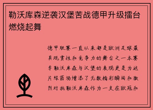 勒沃库森逆袭汉堡苦战德甲升级擂台燃烧起舞