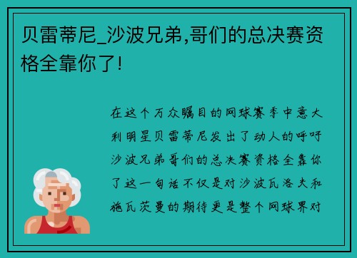 贝雷蒂尼_沙波兄弟,哥们的总决赛资格全靠你了!